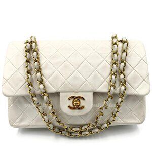 Authentic CHANEL Medium Classic Double Flap Bag White with Gold Hardware